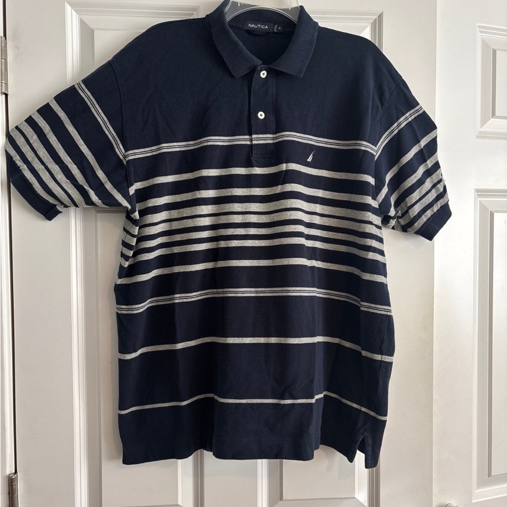 Nautica Black and Gray Striped Polo Shirt